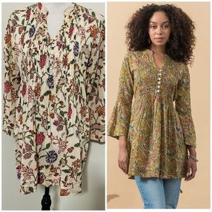 Passementrie Ofelia Blouse Cream and Red Pleated Tunic Mandarin Collar Large